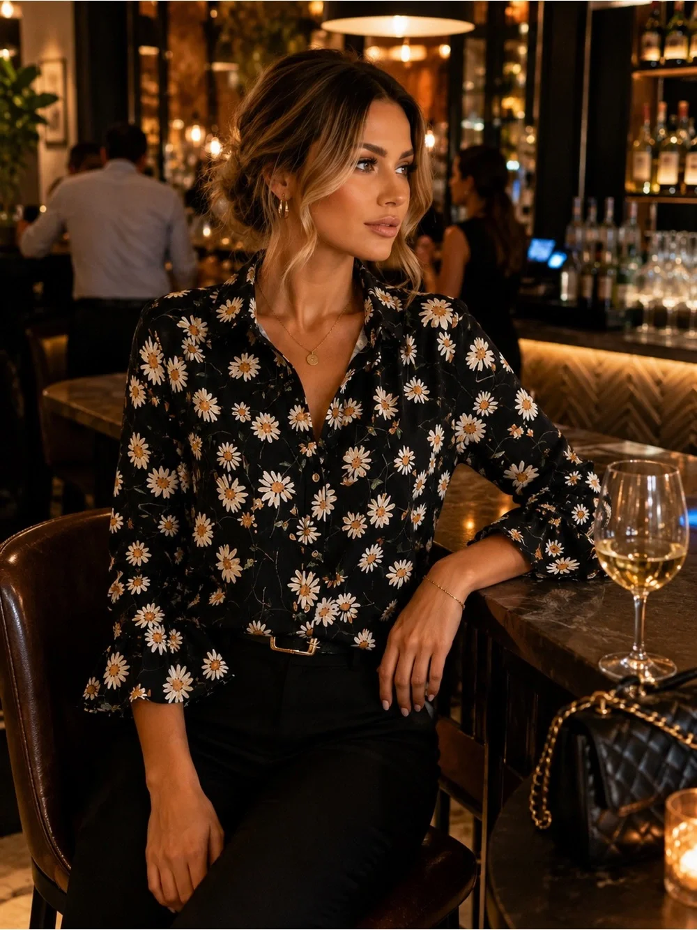 Michael Kors Black Daisy Print Button-Down Blouse